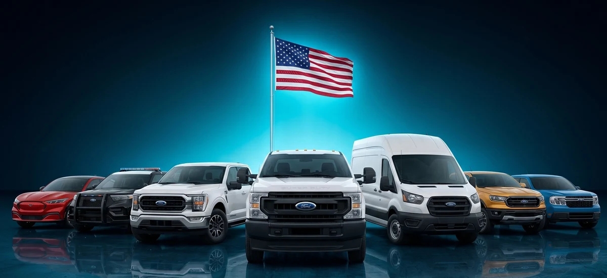 Ford fleet vehicle lineup with American flag — trucks, vans, and SUVs available for government procurement