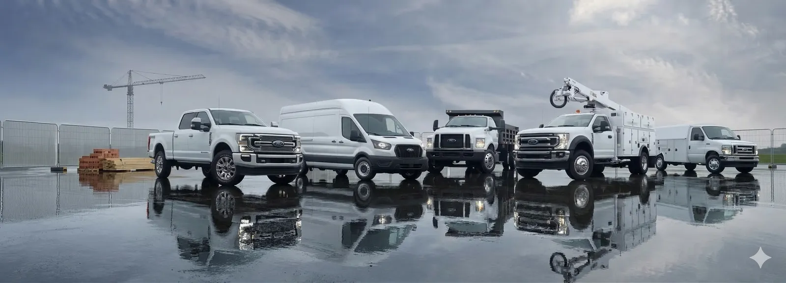 Fleet vehicle lineup — trucks, vans, and service vehicles