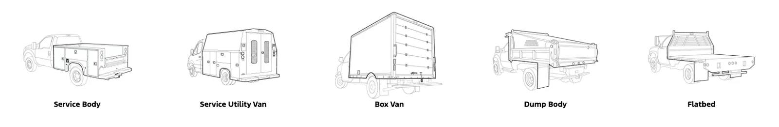 Body types: Service Body, Service Utility Van, Box Van, Dump Body, Flatbed