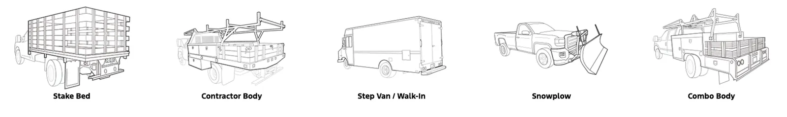 Body types: Stake Bed, Contractor Body, Step Van / Walk-In, Snowplow, Combo Body