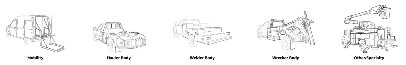 Body types: Mobility, Hauler Body, Welder Body, Wrecker Body, Other / Specialty