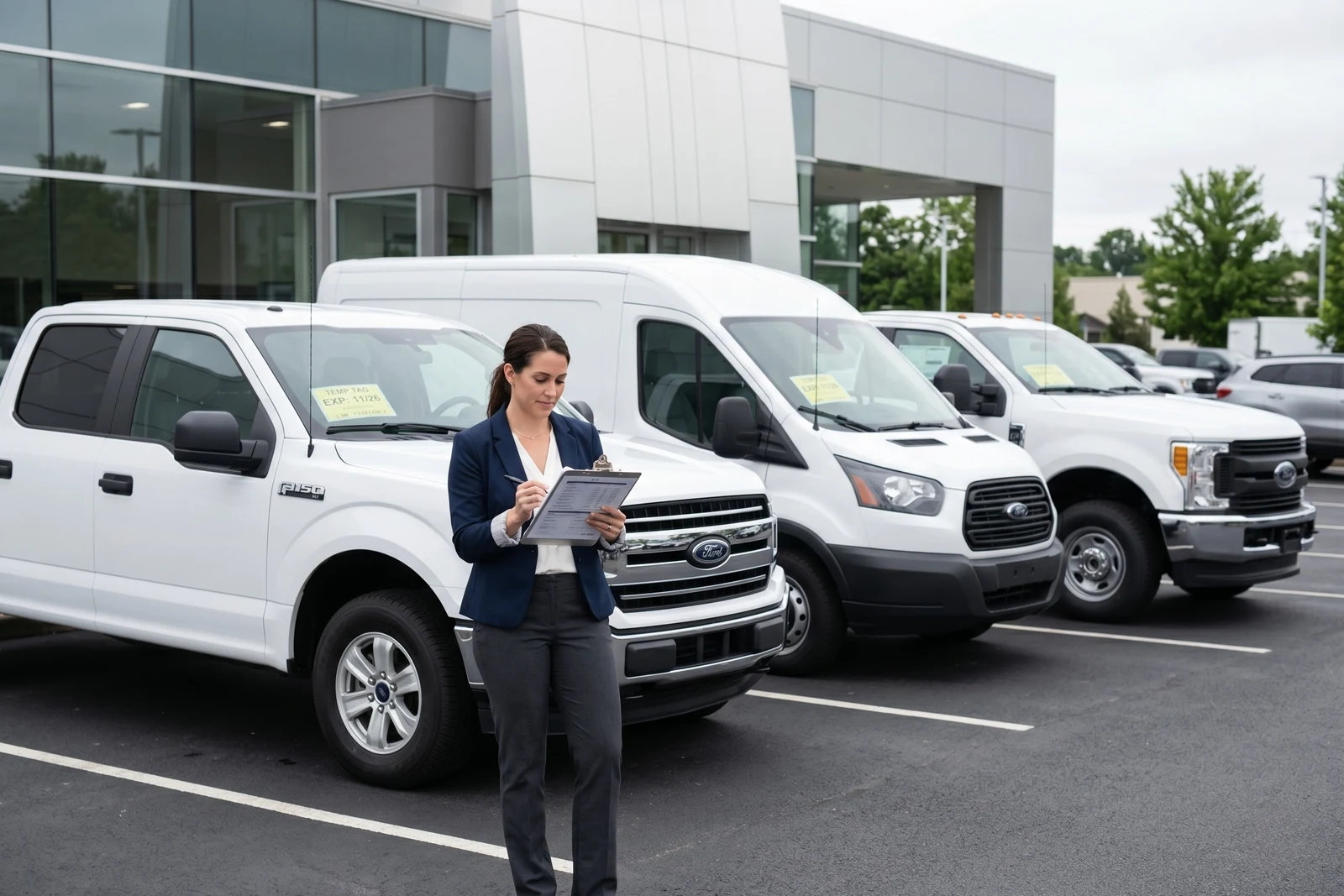 Fleet compliance specialist with clipboard reviewing registration paperwork for white Ford fleet vehicles