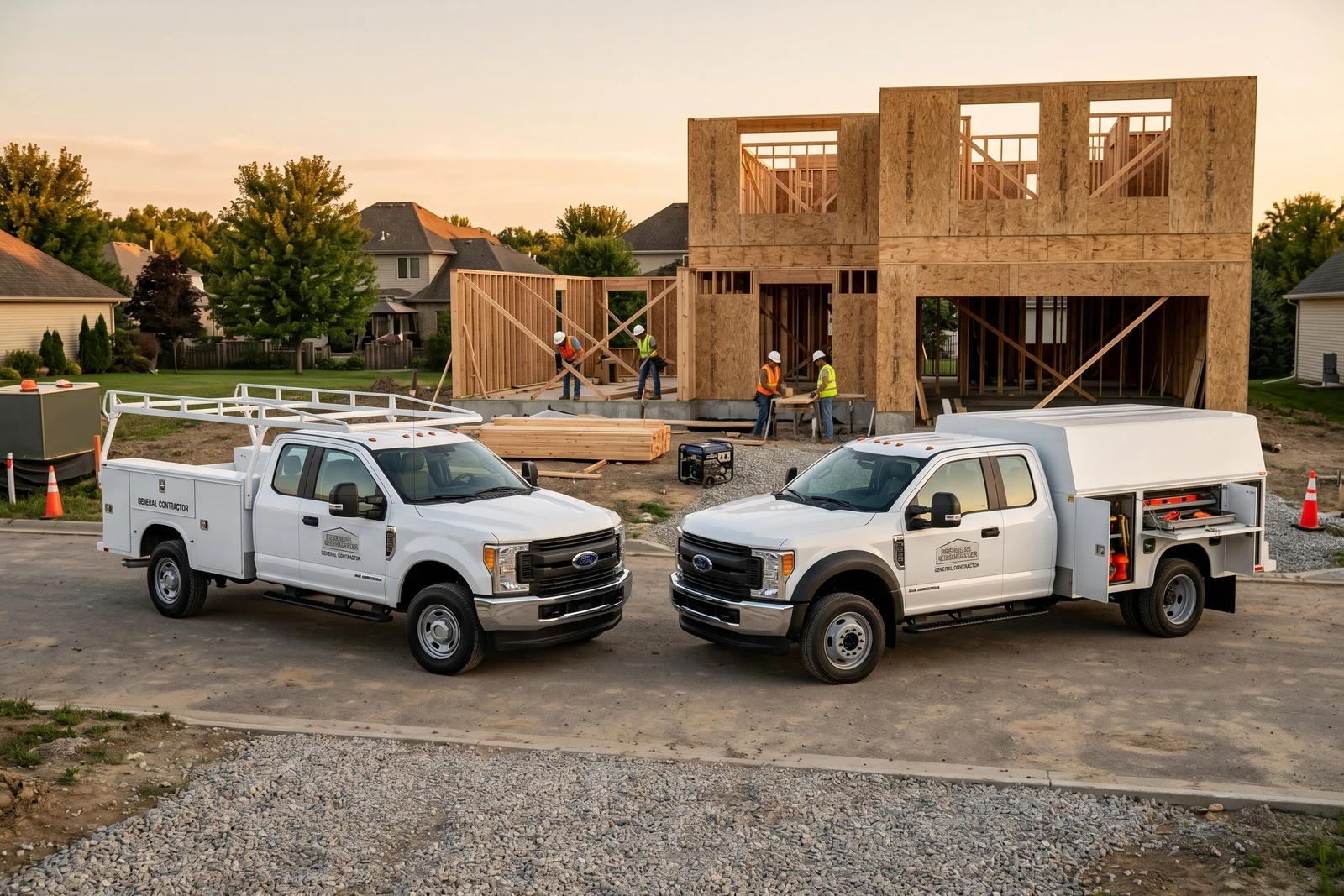Ford truck at construction job site with multi-trade equipment