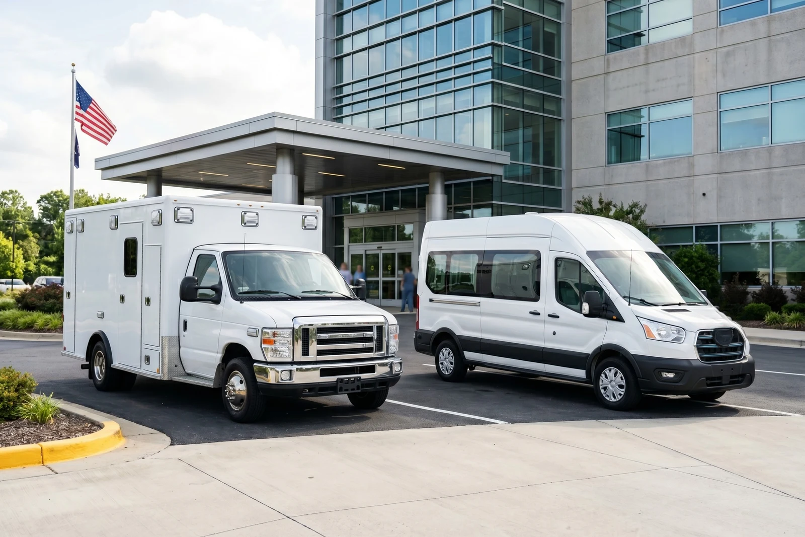 Ford E-Series ambulance chassis and Transit van at hospital entrance for healthcare fleet use