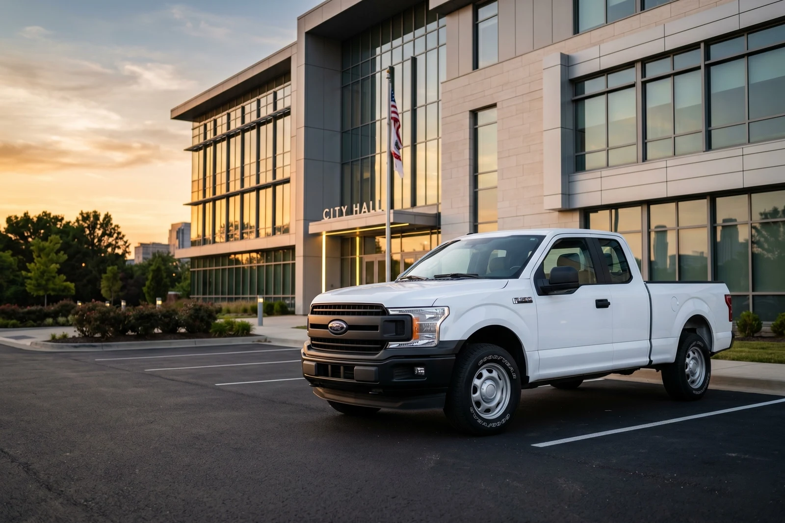White Ford F-150 fleet truck at city hall for municipal government fleet use