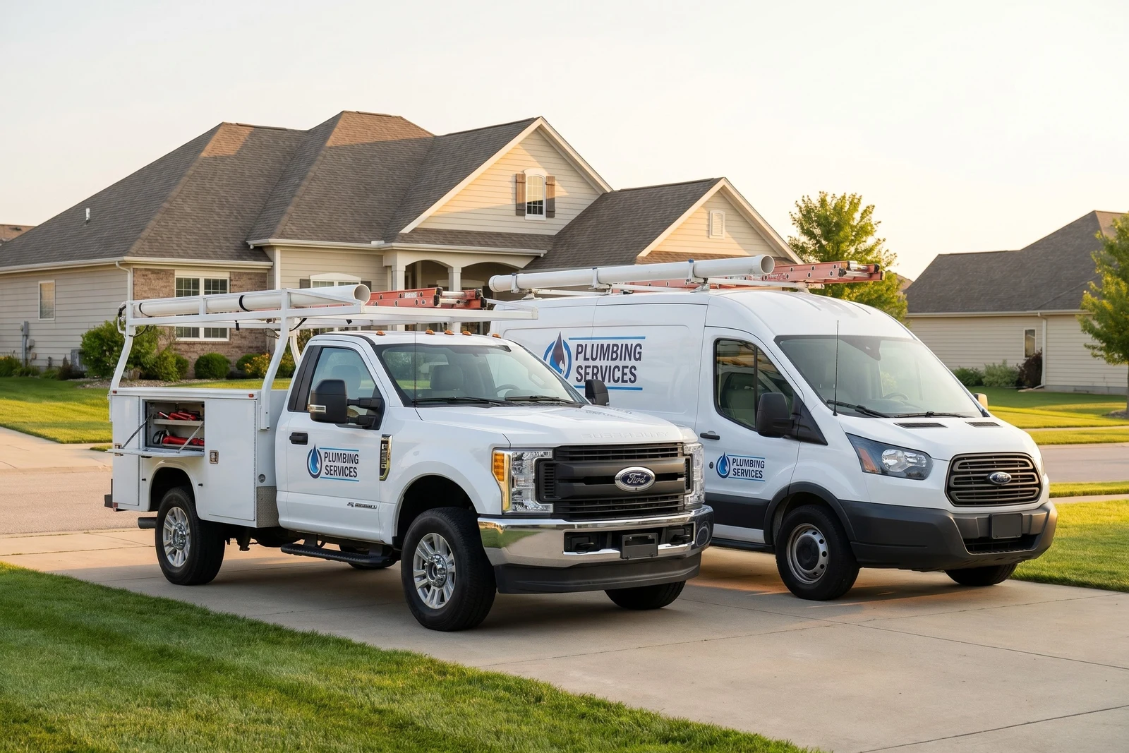 Ford F-150 service truck with plumbing racks and tool storage