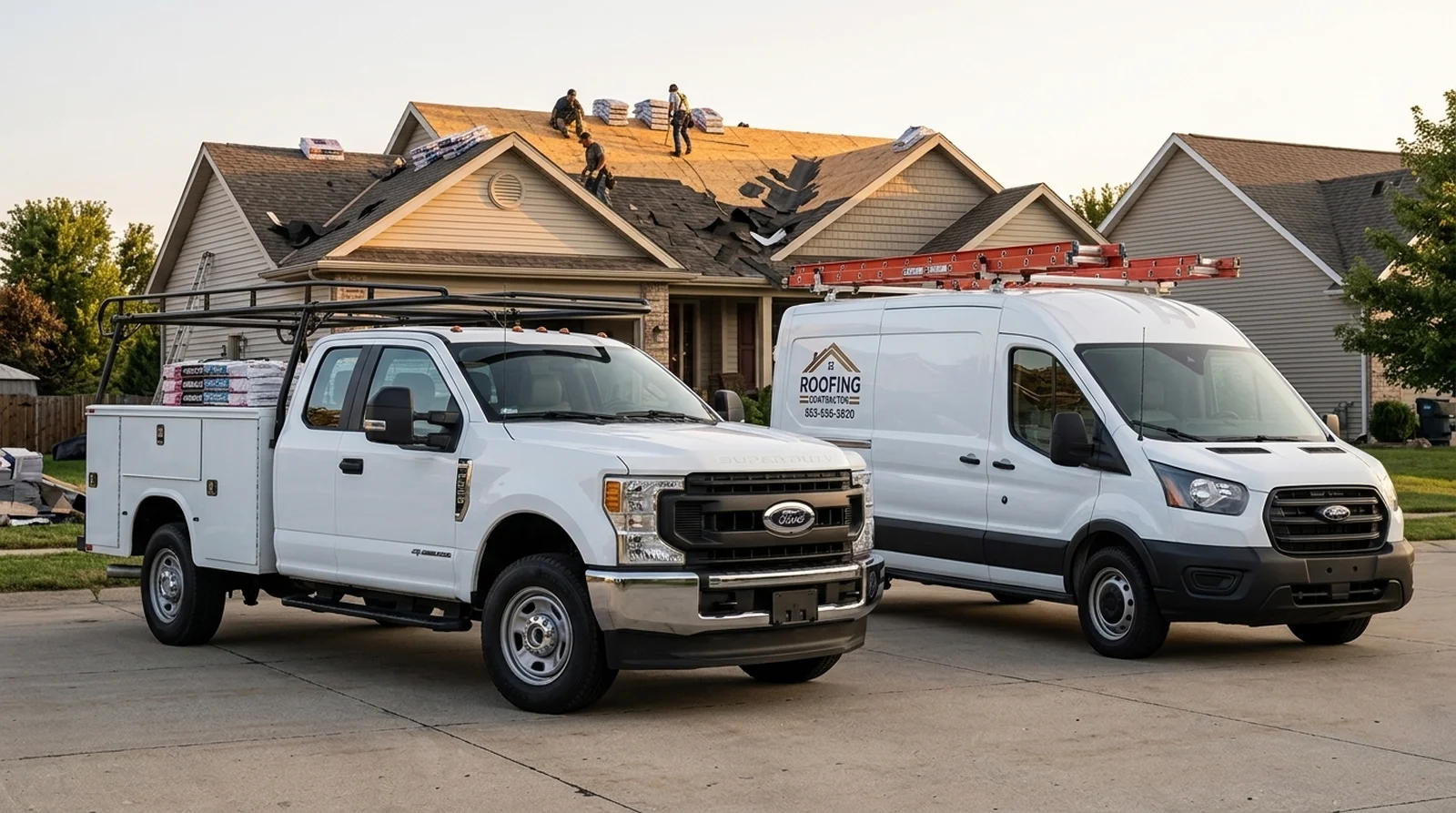Ford truck with roof racks and roofing equipment