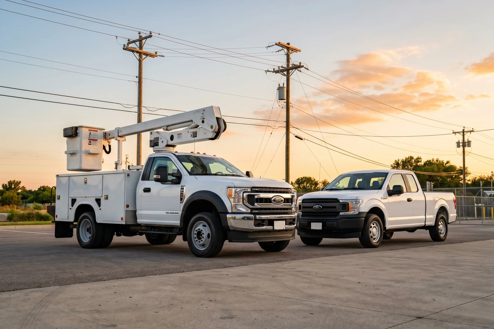Ford F-550 bucket truck and F-150 near power lines for utility fleet use