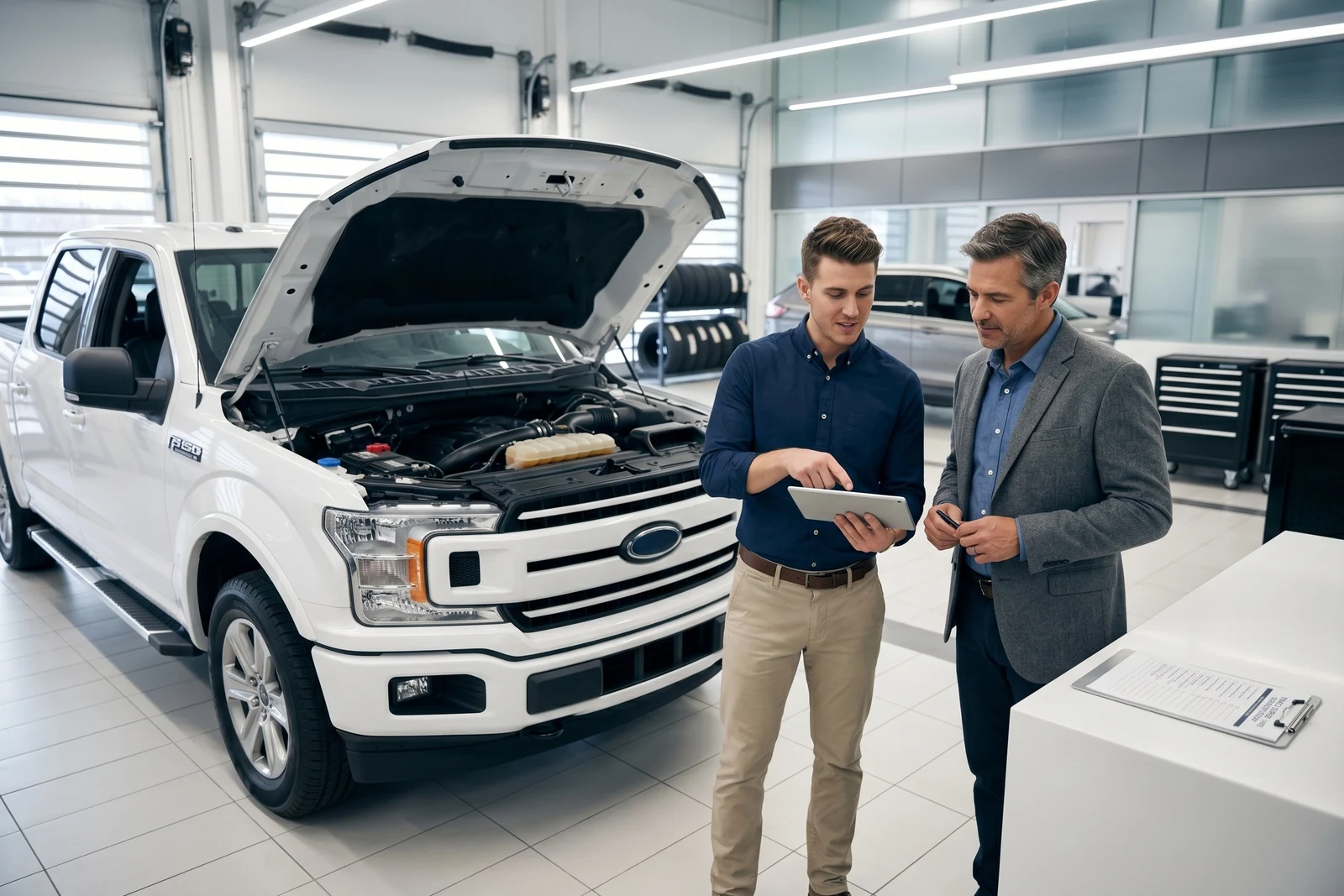 Service advisor reviewing warranty and maintenance plan with fleet manager at dealership