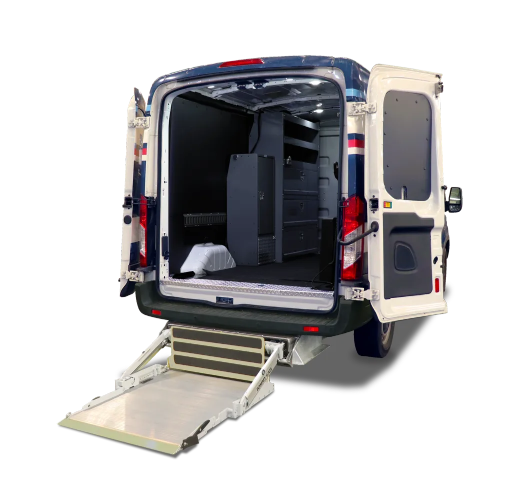 Ford Transit with rear doors open and an aluminum tuck-away rail liftgate deployed